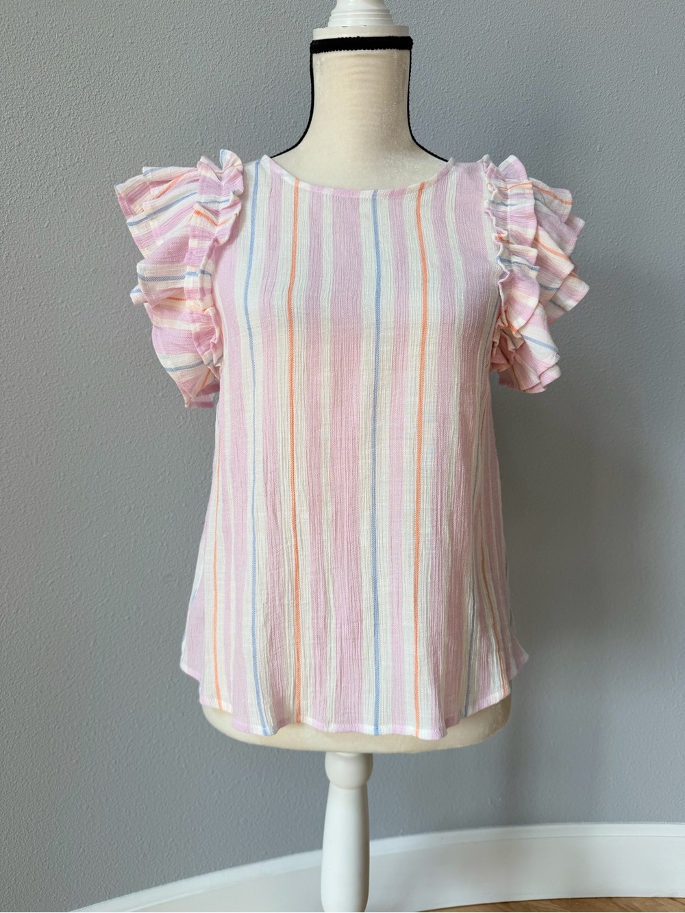 Blu Pepper Pink Multicolor Striped Tiered Ruffle Flutter Sleeve Blouse Sz M